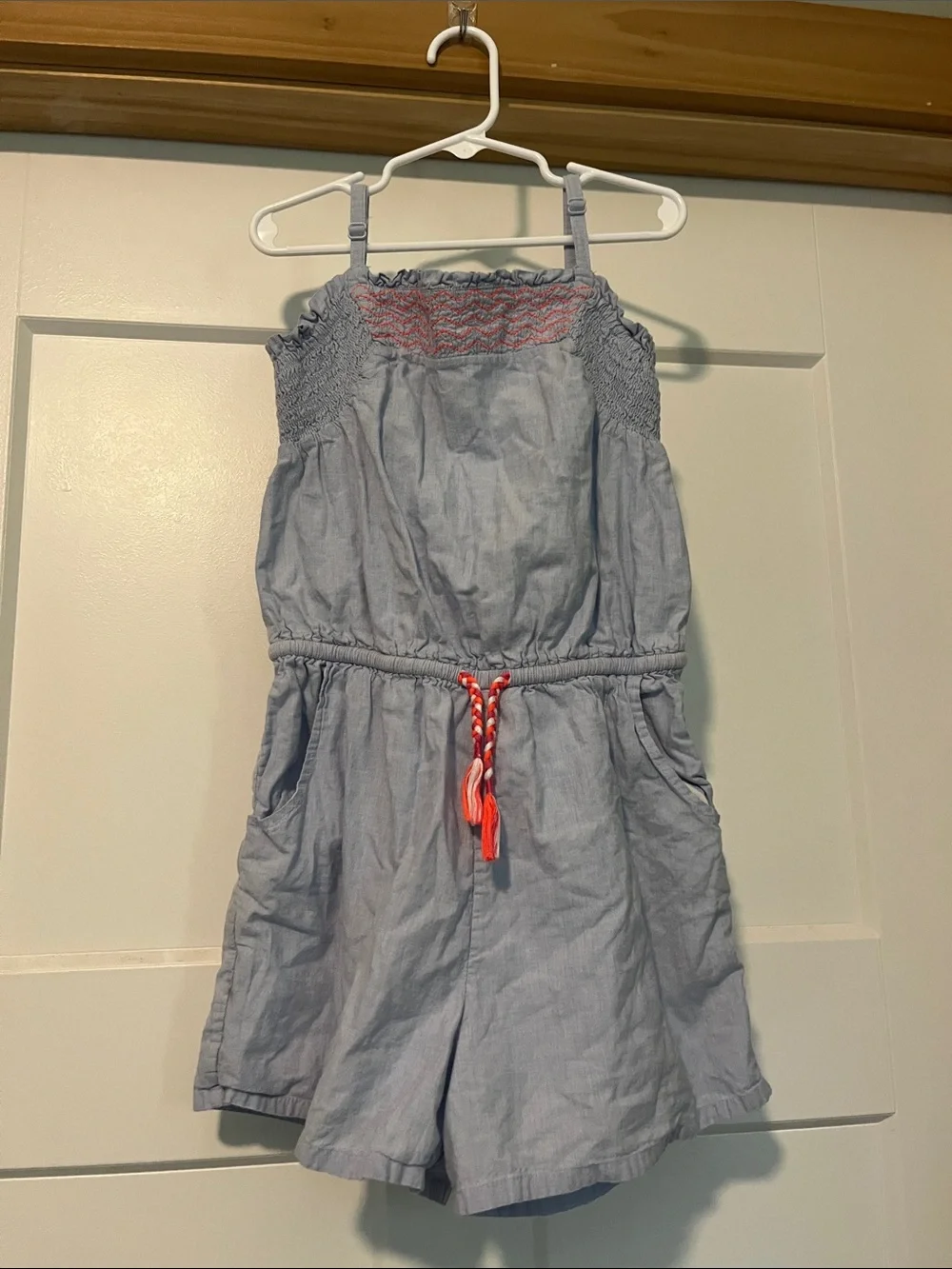 Mini Boden Light Blue Girls Romper with Pink Accents, like new